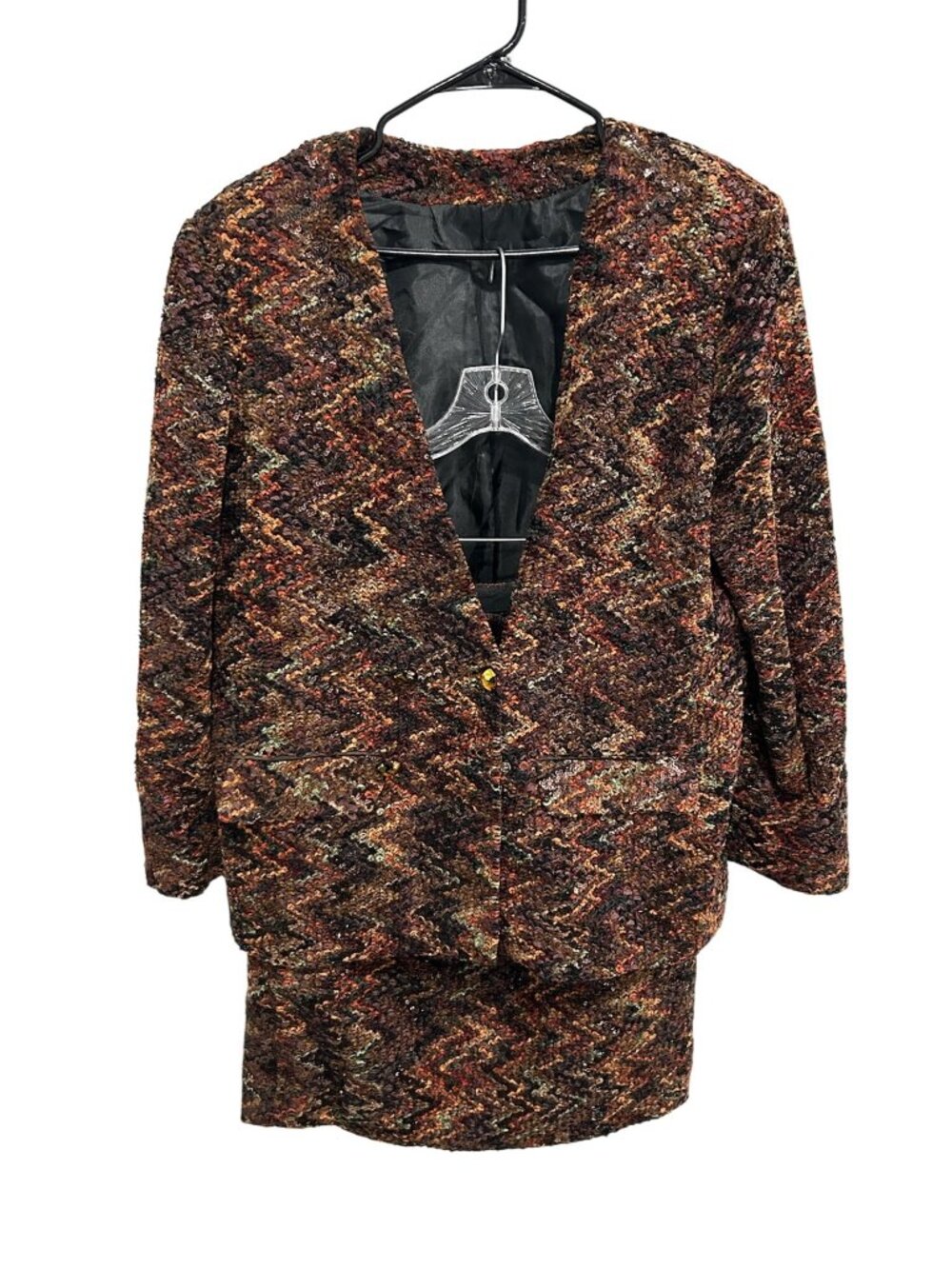 Vintage Boucle Zigzag Sequin Blazer Skirt Suit Set Brown Orange Career Office